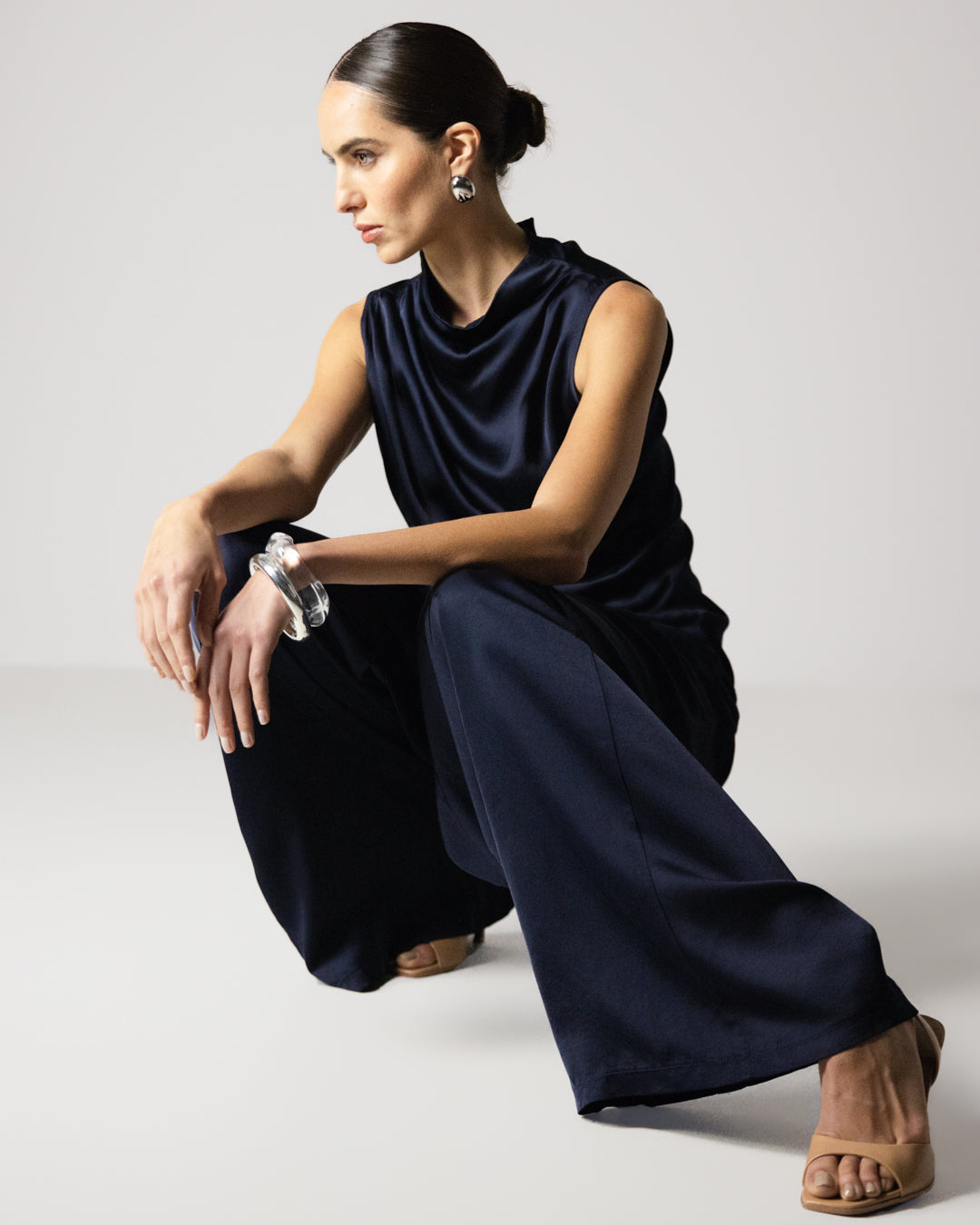 Allegra Draped Satin Sleeveless Top | Navy