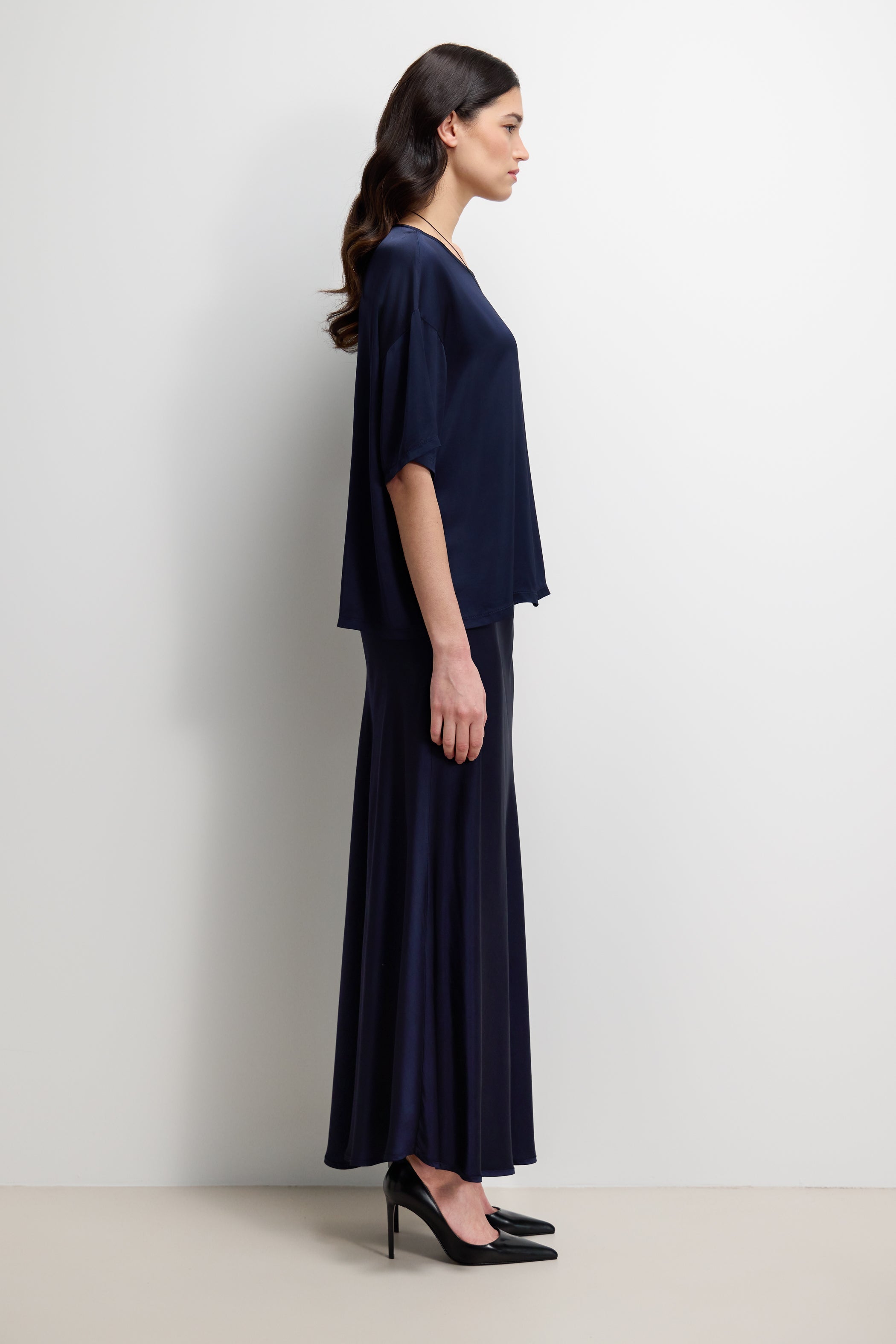 Mila Back Slit Satin Top | Navy