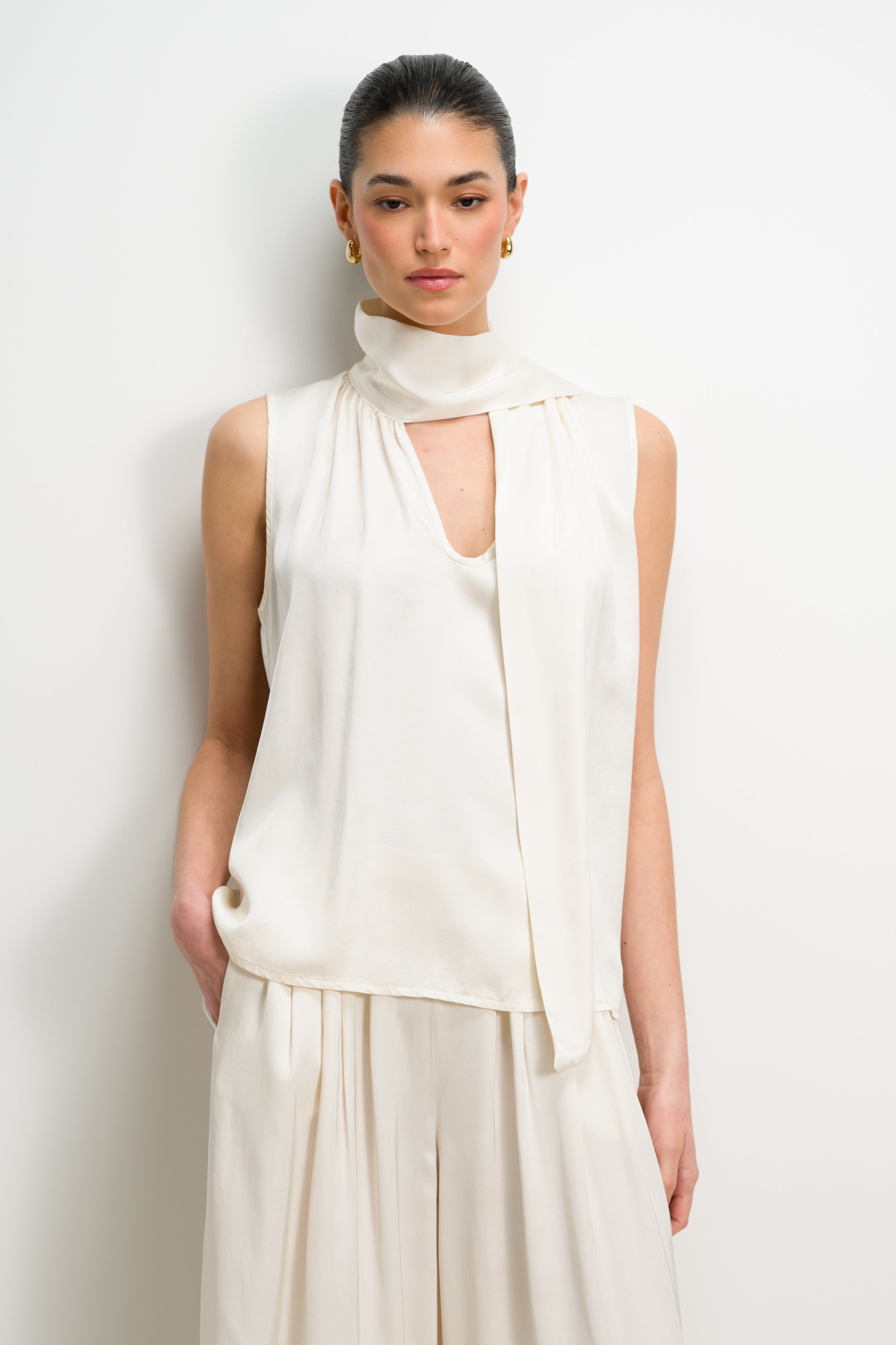 Lyanne Bow Neck Tie Satin Blouse | Ivory