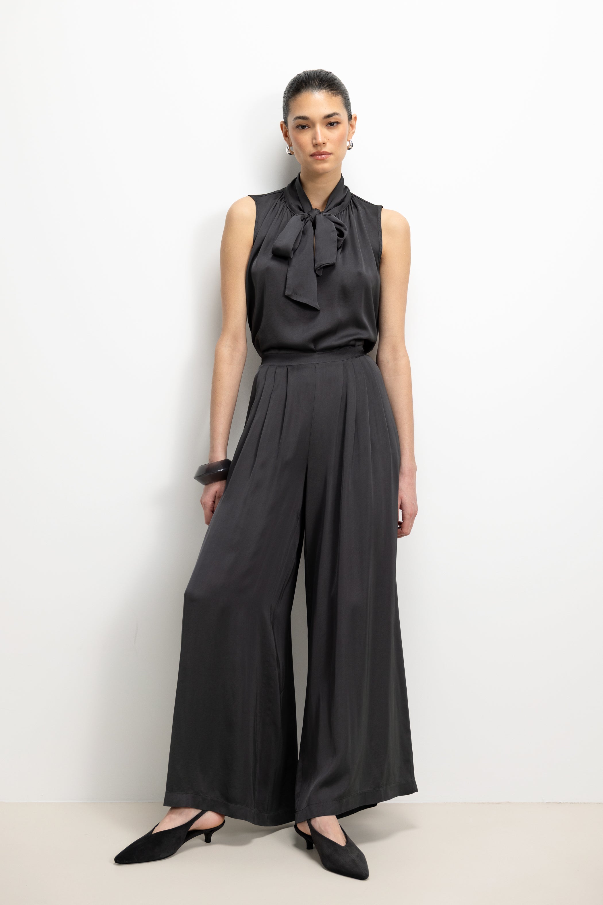 Lyanne Bow Neck Tie Satin Blouse | Anthracite