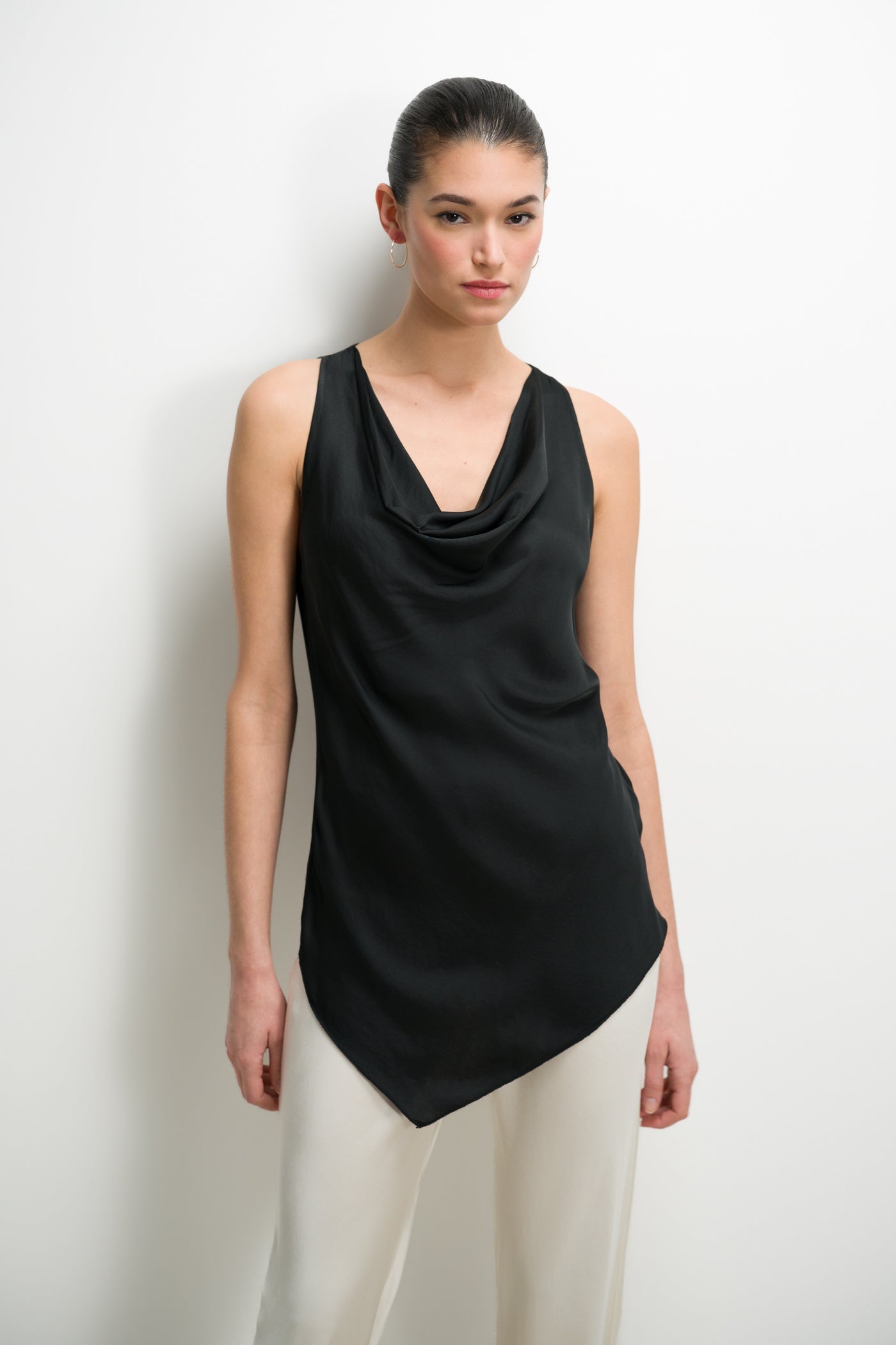 Les Asymmetric Cowl Neck Satin Top | Black