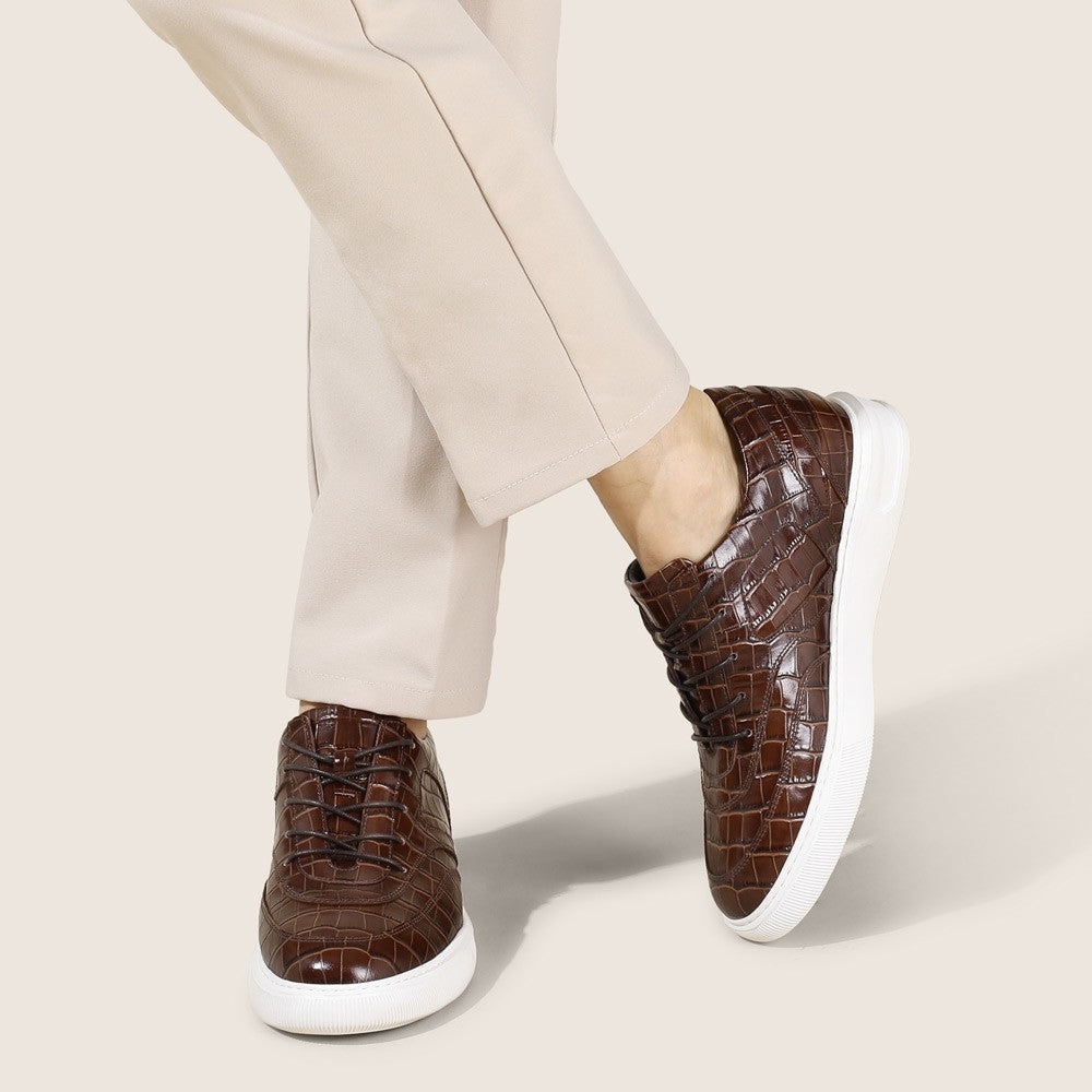 6 CM/2.36 Inches CMR CHAMARIPA Height Increasing Shoes Luxury Brown Leather Sneakers - Elevate Your Style with Handcrafted Elevator Shoes