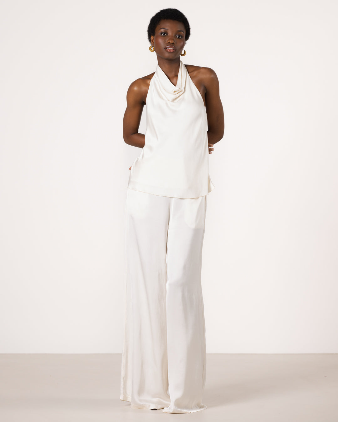 Giselle Elastic High Waist Satin Trousers | Ivory