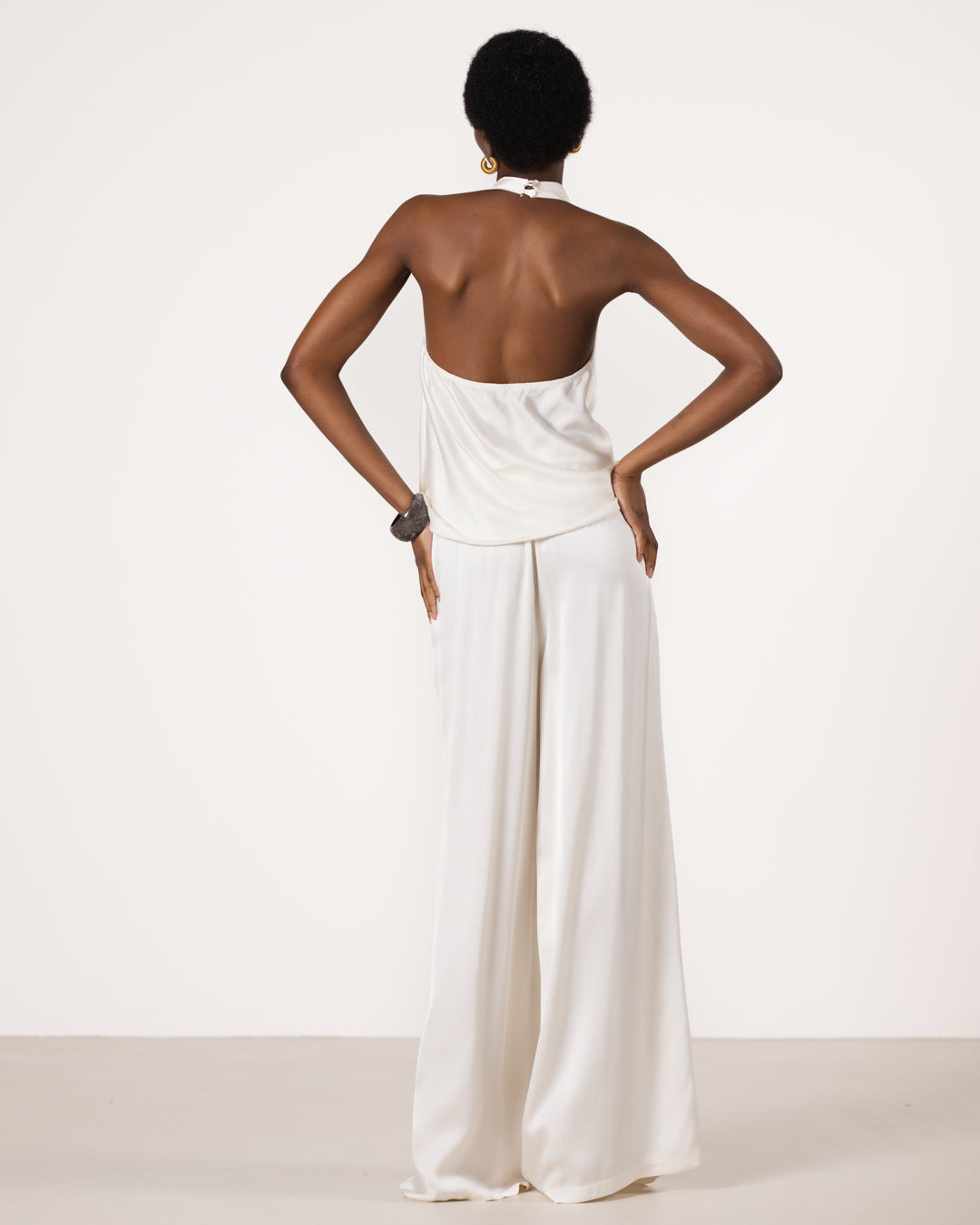 Giselle Elastic High Waist Satin Trousers | Ivory
