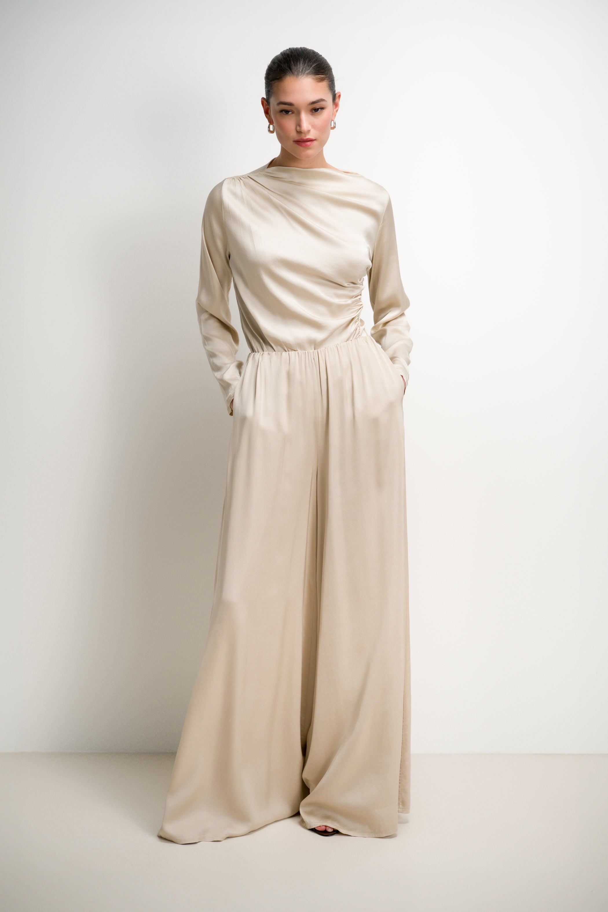Allegra Asymmetric Long Sleeve Top | Light Beige