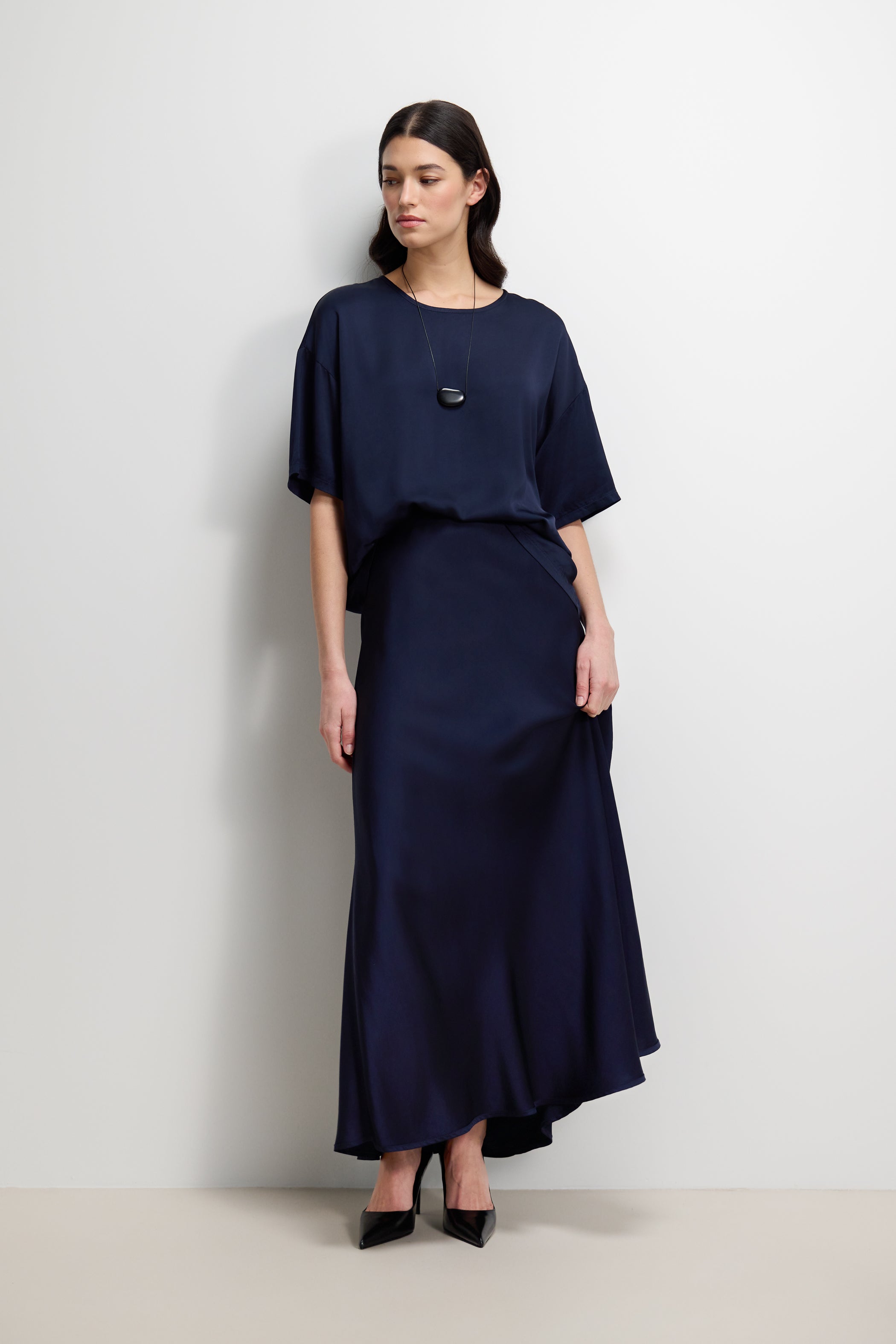 Mila Back Slit Satin Top | Navy