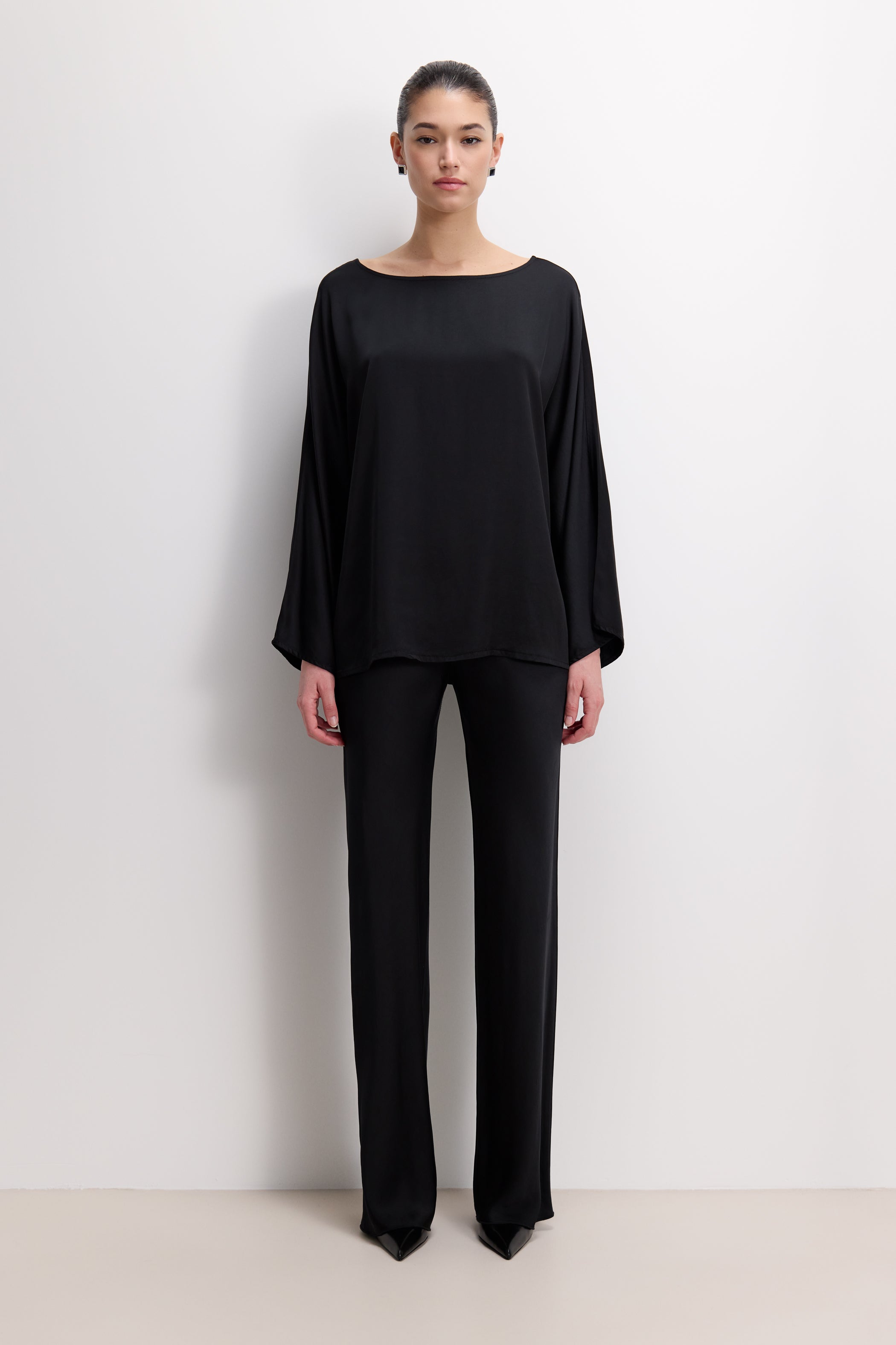 Arlet Wide Sleeve Boatneck Satin Top | Black