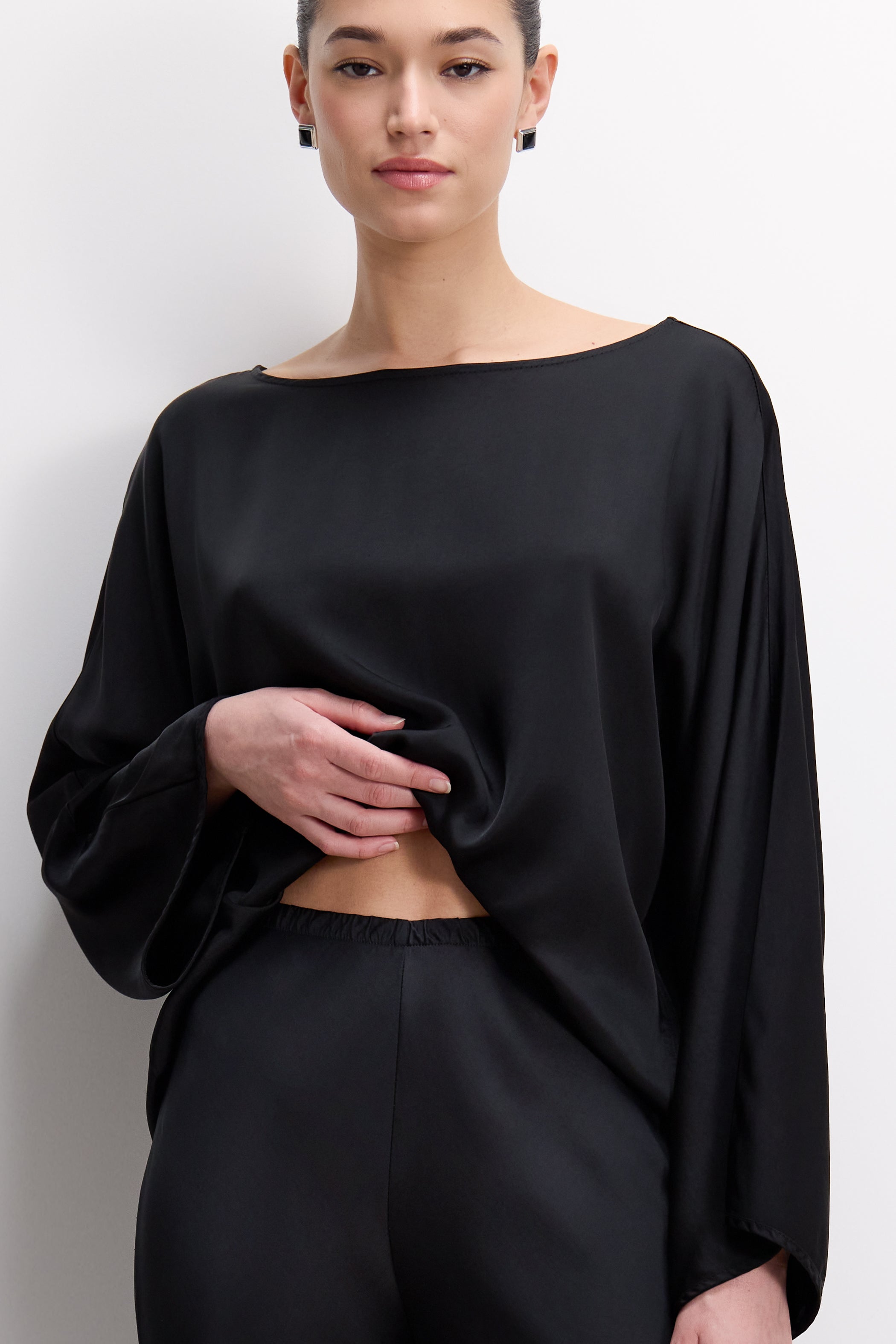 Genet Elastic Waist Bias Satin Trousers | Black