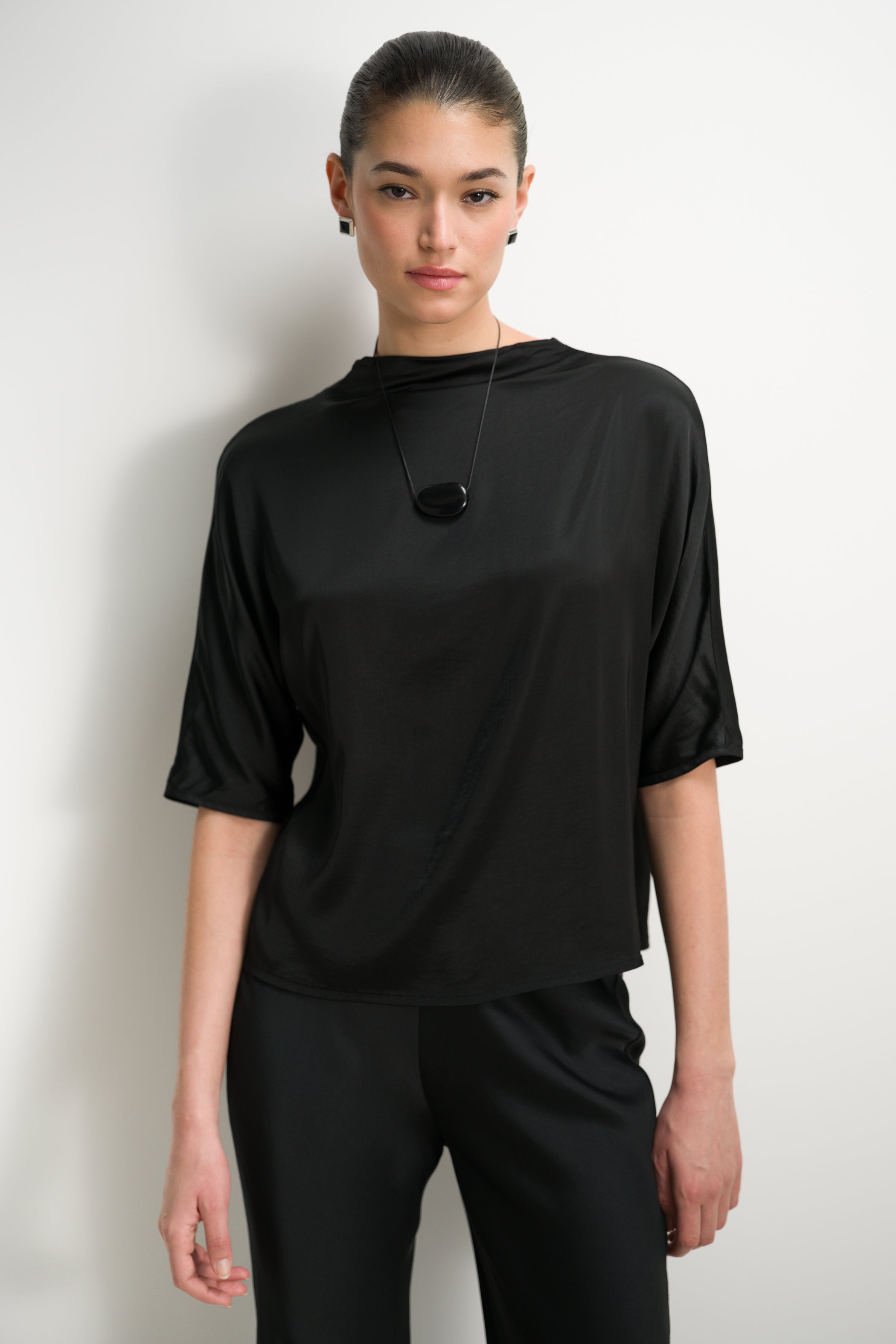 Genevieve Back Tie Satin Top | Black