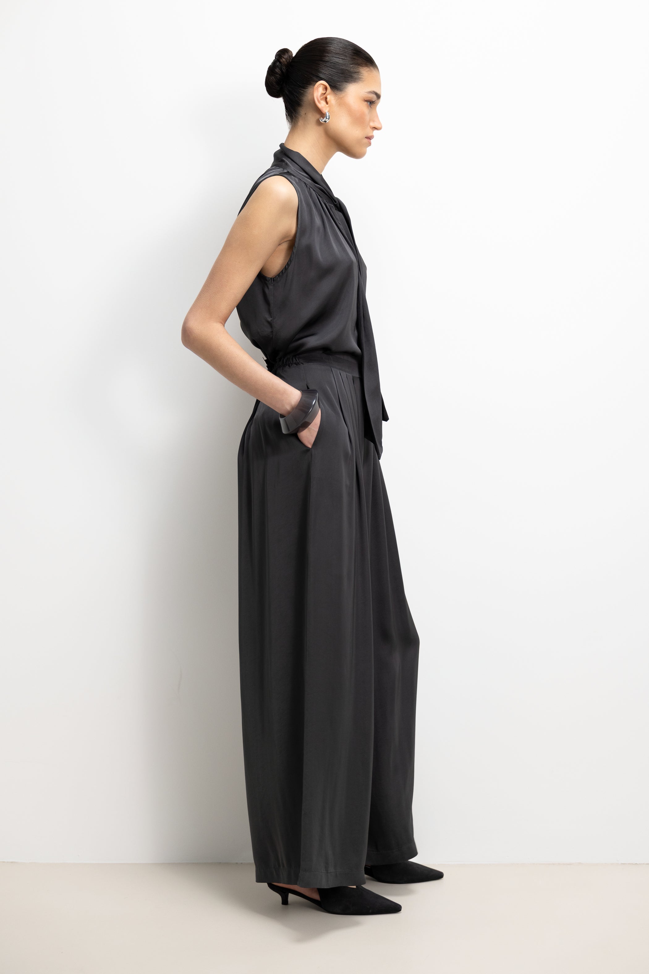 Arden Pleated Elastic Waist Satin Trousers | Anthracite