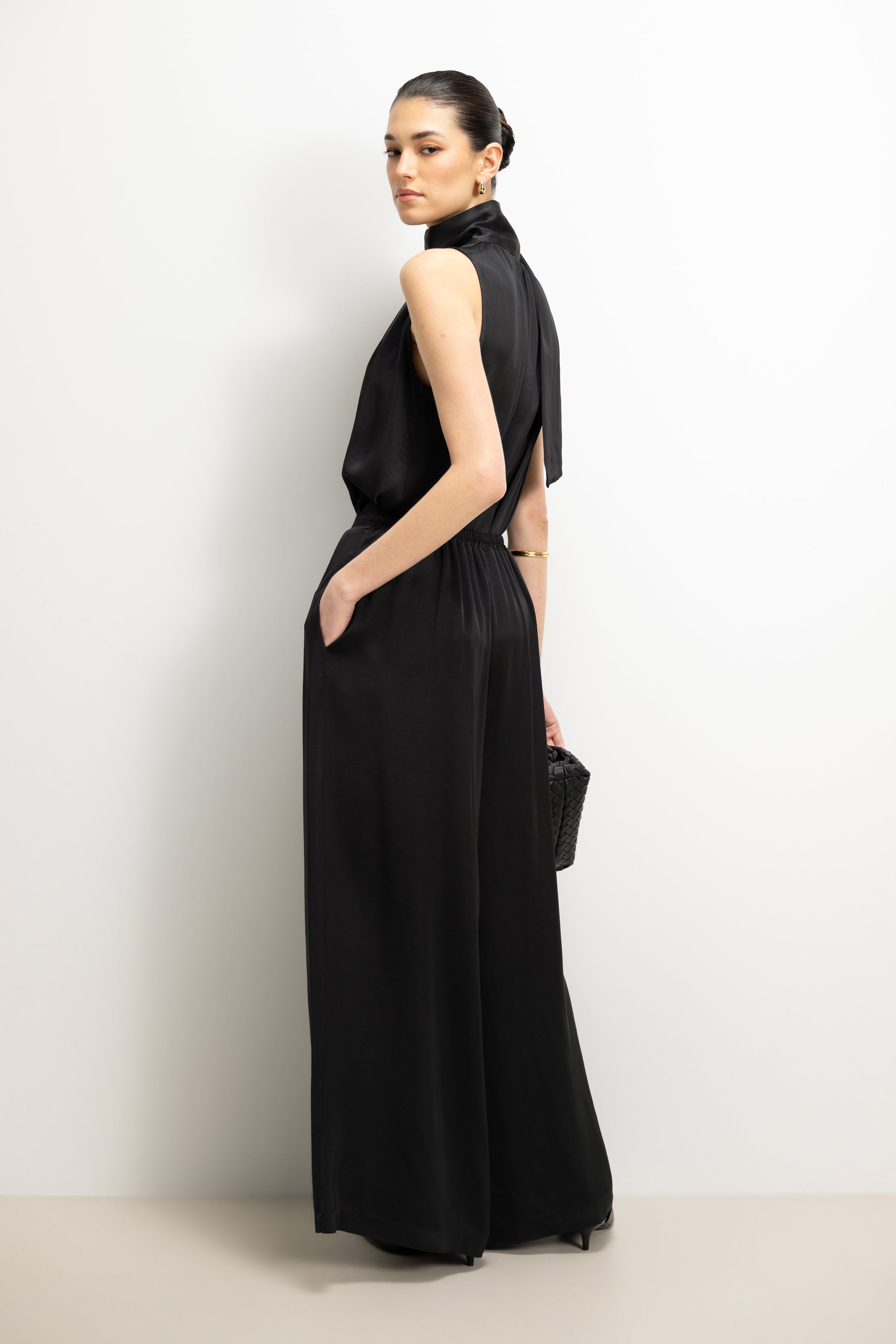 Lyanne Bow Neck Tie Satin Blouse | Black