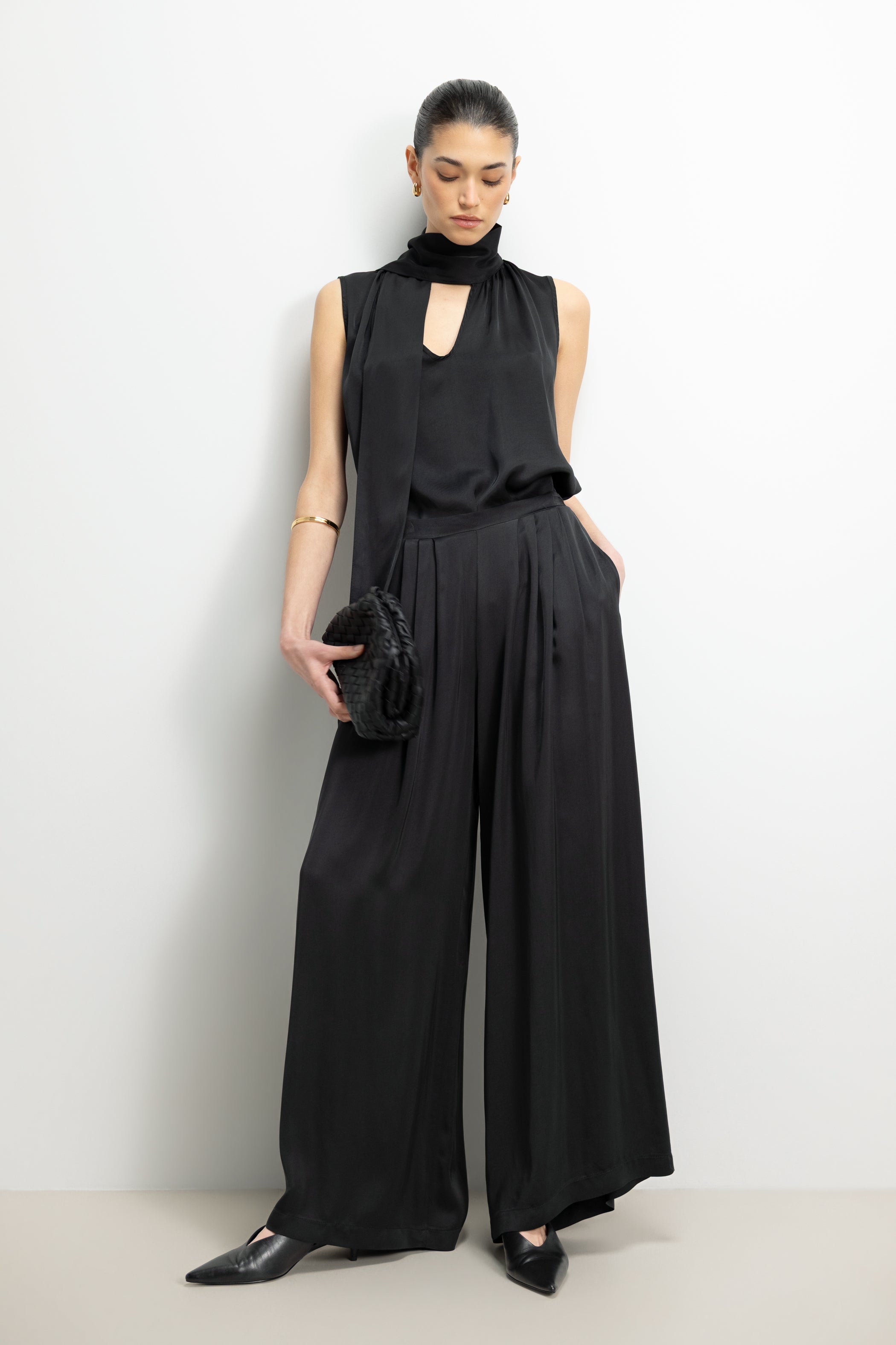 Arden Pleated Elastic Waist Satin Trousers | Black