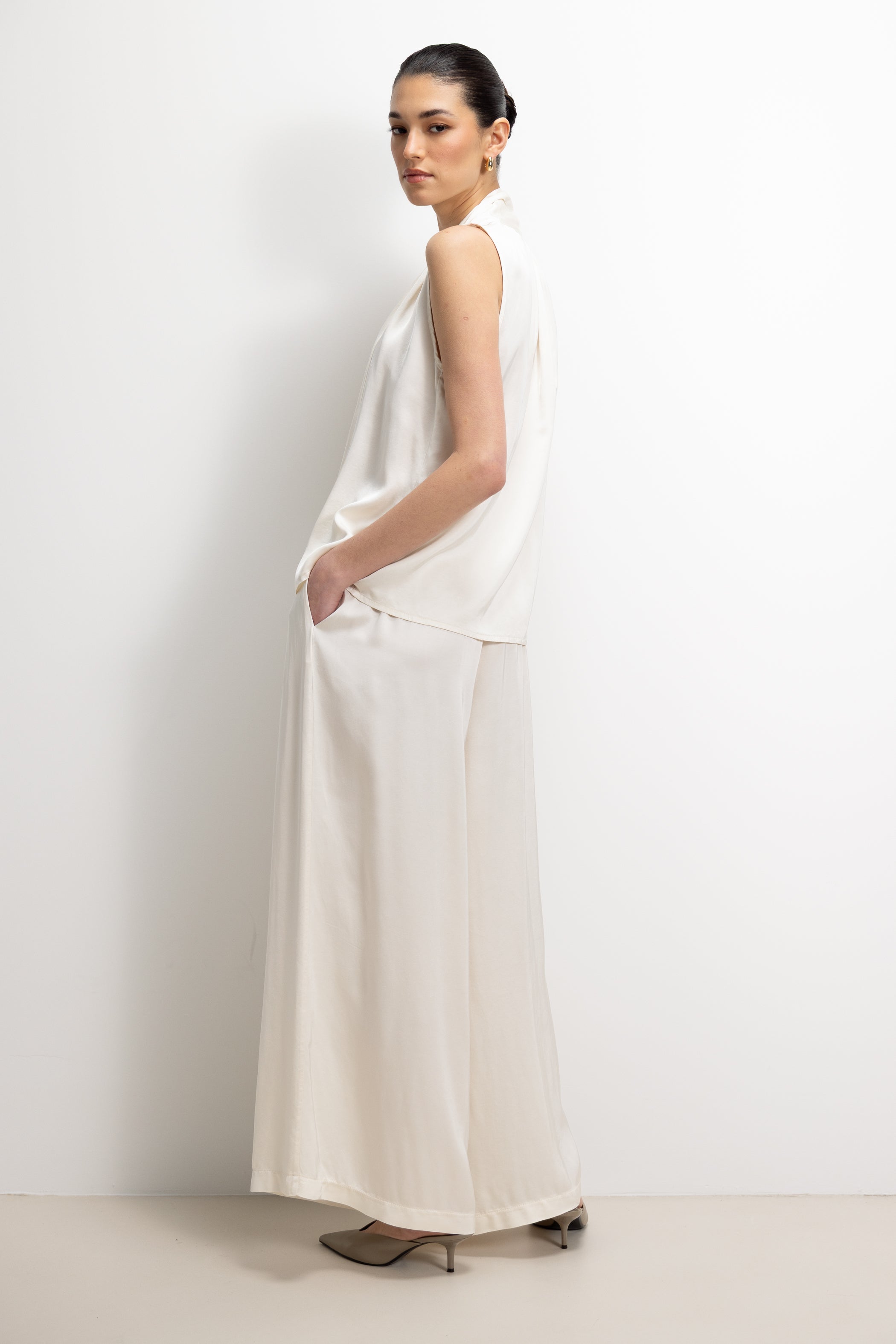 Lyanne Bow Neck Tie Satin Blouse | Ivory