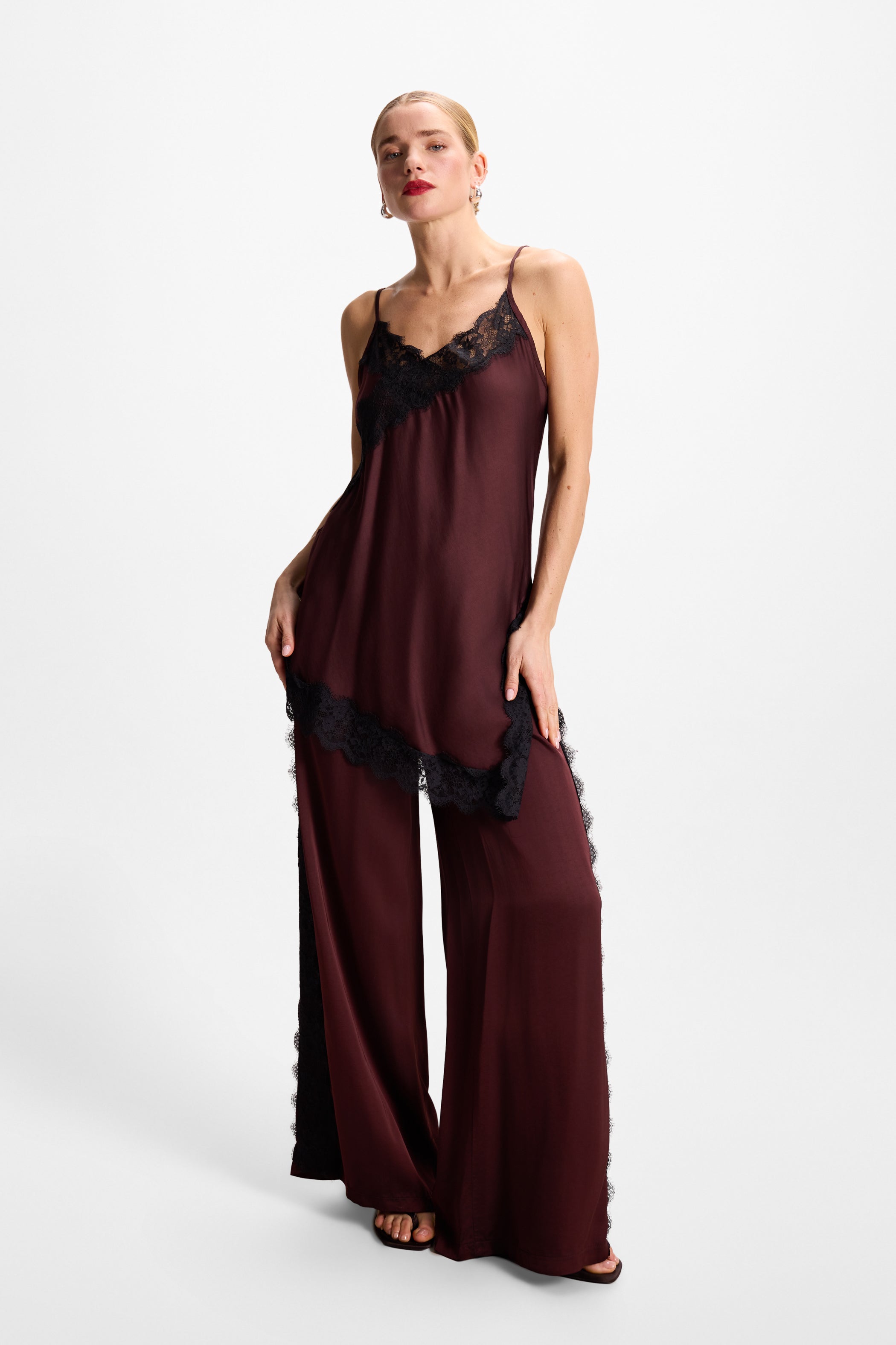 Sofia Lace Satin Trousers | Amethyst Plum