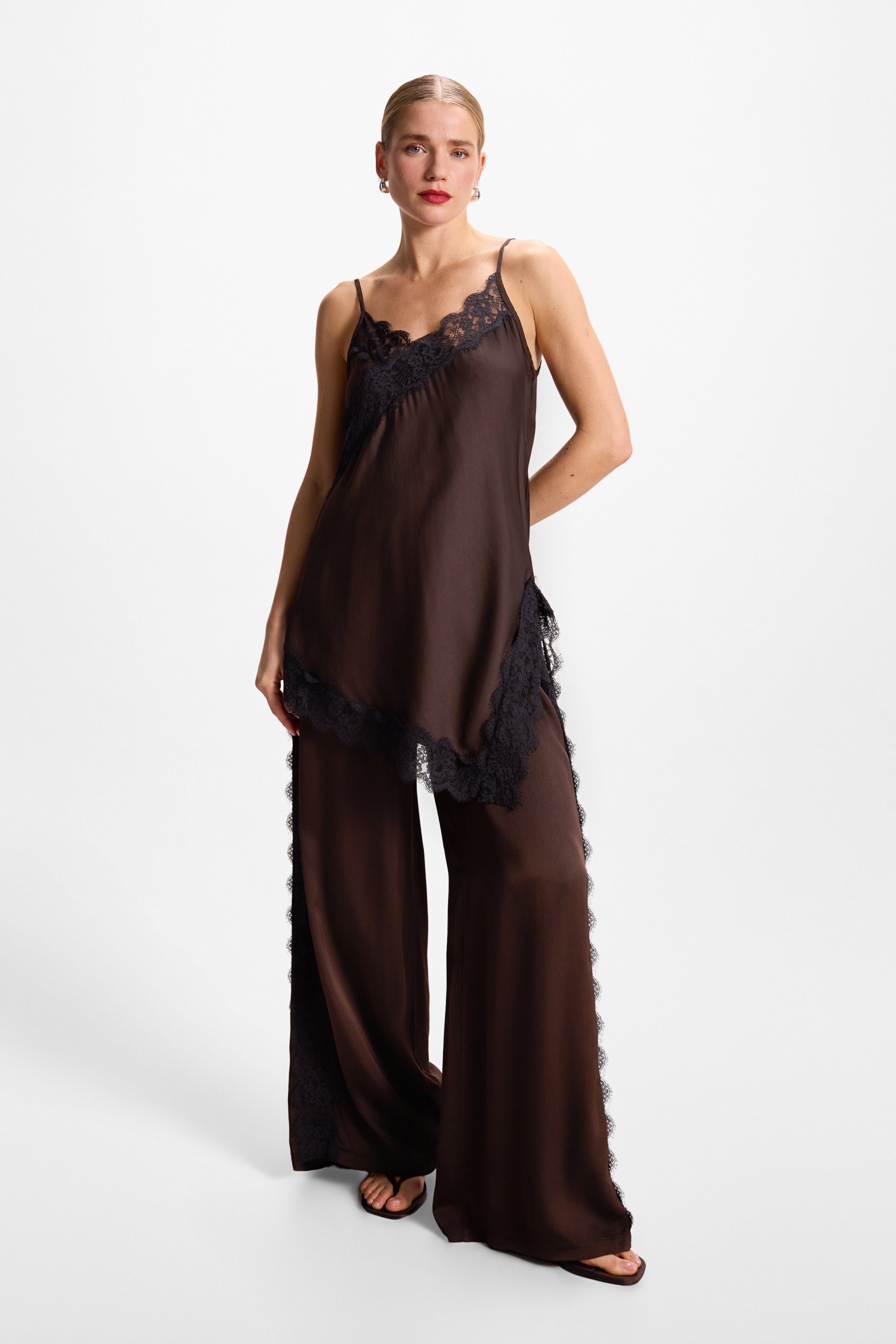Sofia Lace Satin Trousers | Espresso Brown