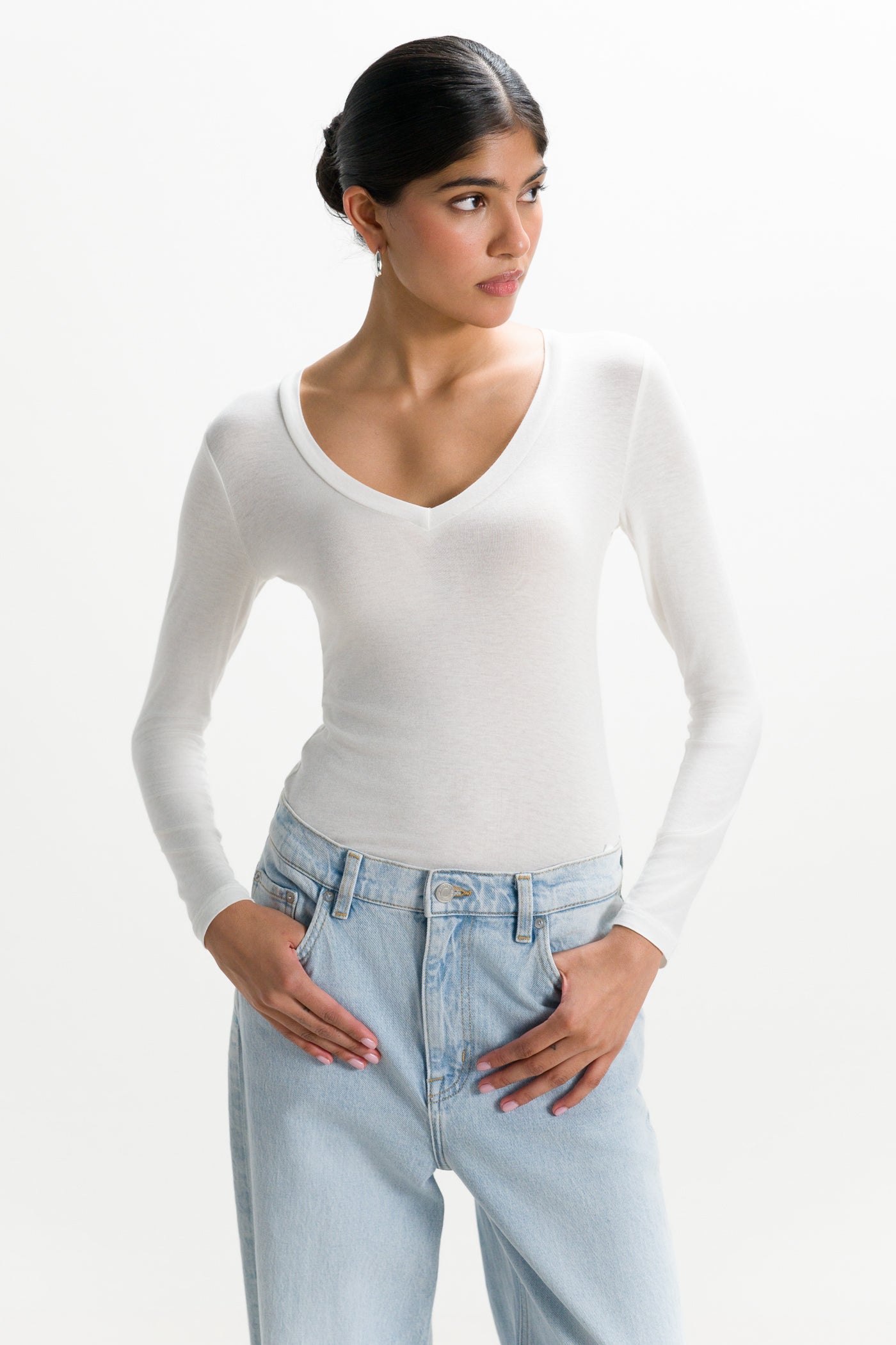 Sylvie V Neck Featherweight Top | White | Modal-Silk